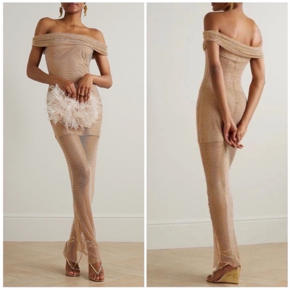 Self Portrait Rhinestone Embellished Fishnet Maxi Dress